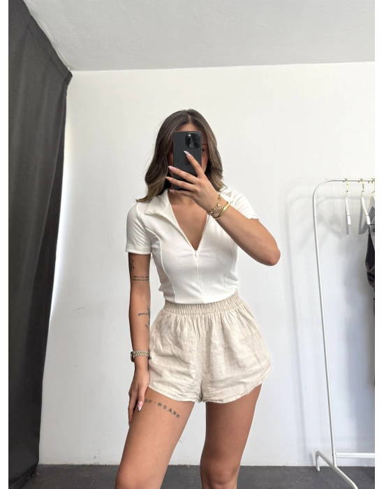 Fermuarlı Polo Body - Beyaz