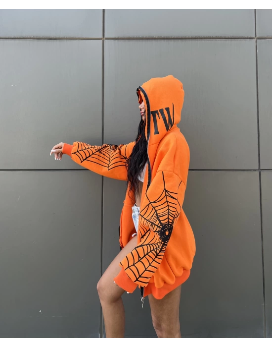 Fermuarlı Spider Hırka - Turuncu