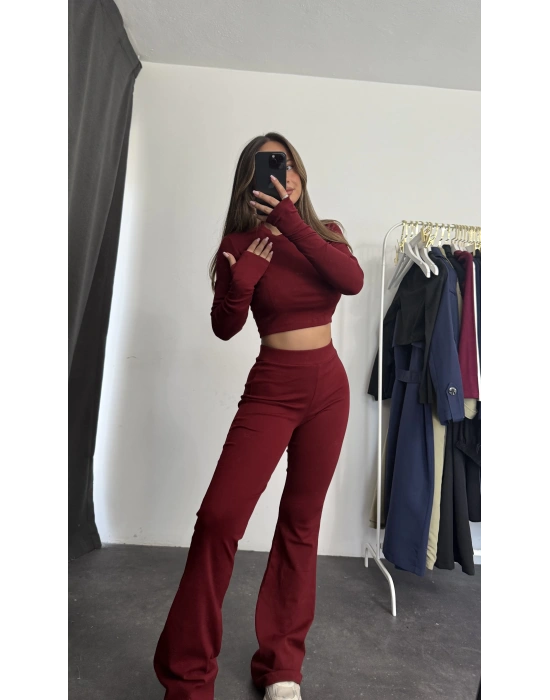 Fine Basic Crop Takım - Bordo