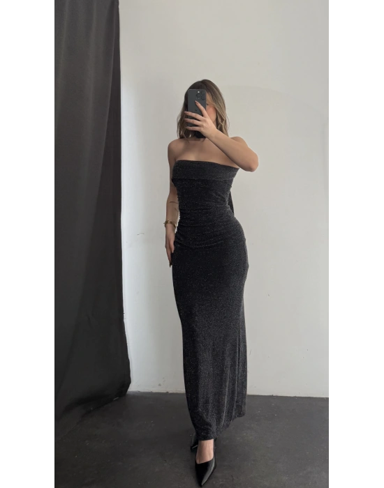 Fular Detay Simli Straplez Elbise - Siyah