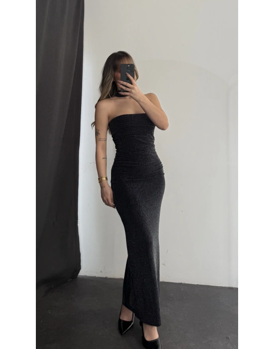 Fular Detay Simli Straplez Elbise - Siyah