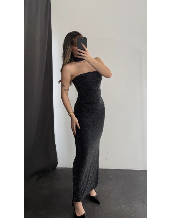 Fular Detay Simli Straplez Elbise - Siyah