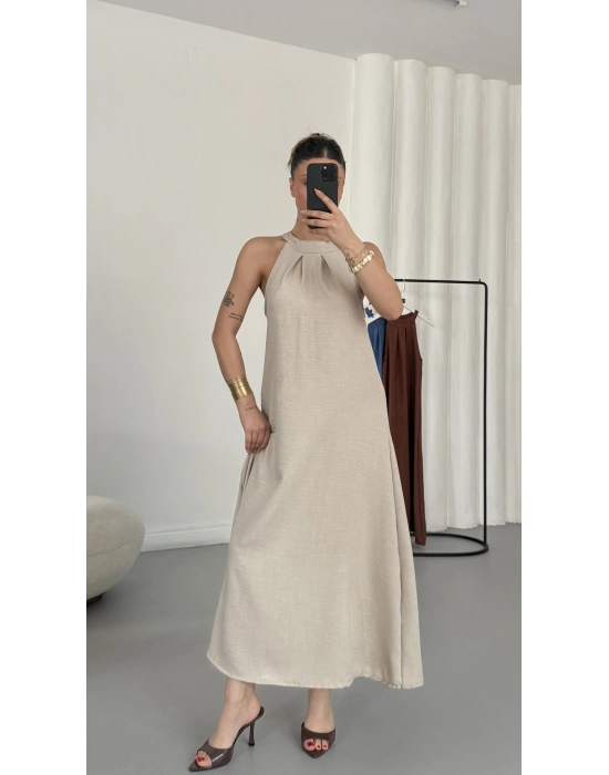 Gia Halter Yaka Elbise - Bej
