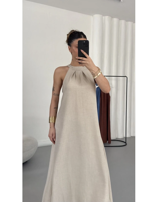 Gia Halter Yaka Elbise - Bej