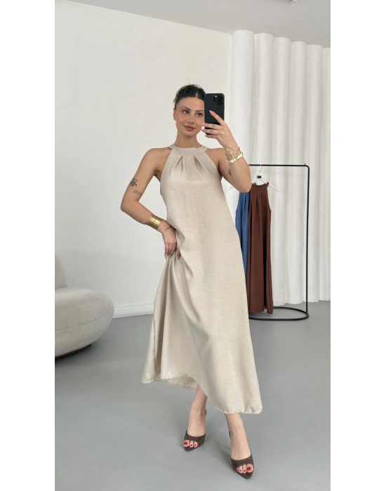 Gia Halter Yaka Elbise - Bej