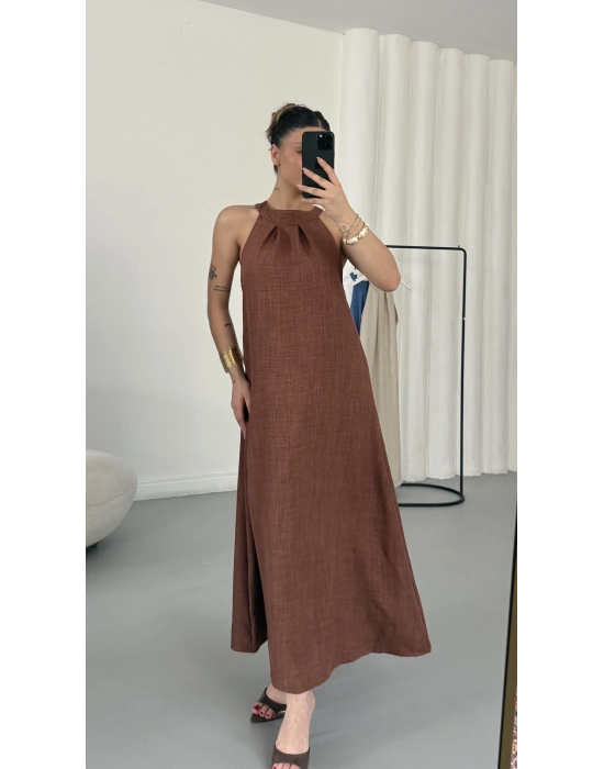 Gia Halter Yaka Elbise - Kahve
