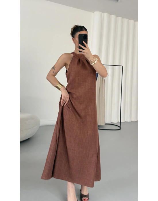 Gia Halter Yaka Elbise - Kahve