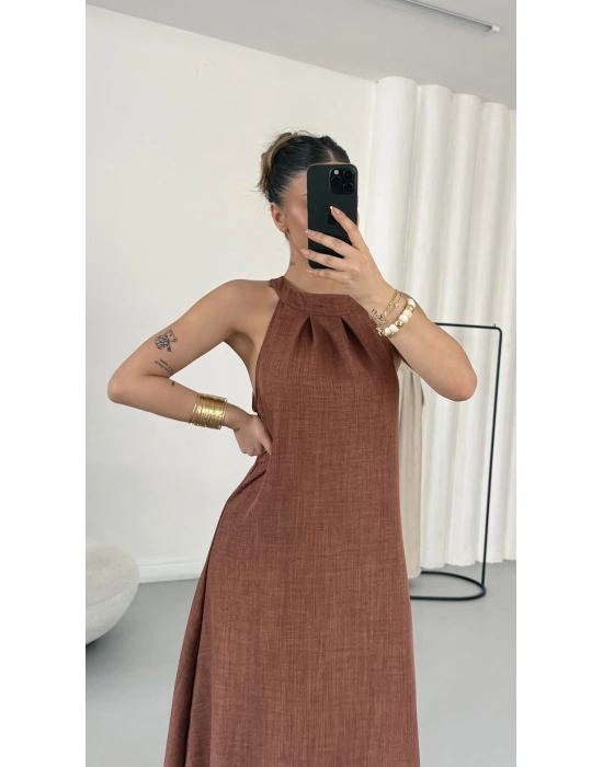 Gia Halter Yaka Elbise - Kahve