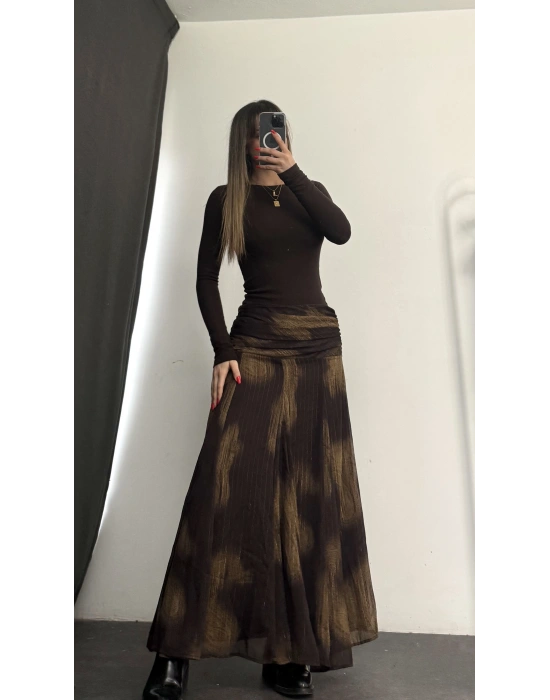 Gisela Desenli Şifon Etek - Kahve