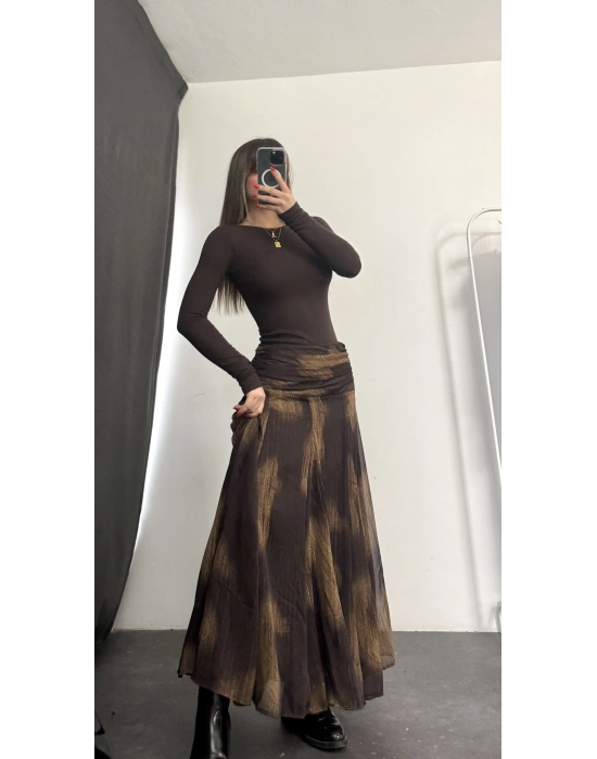 Gisela Desenli Şifon Etek - Kahve