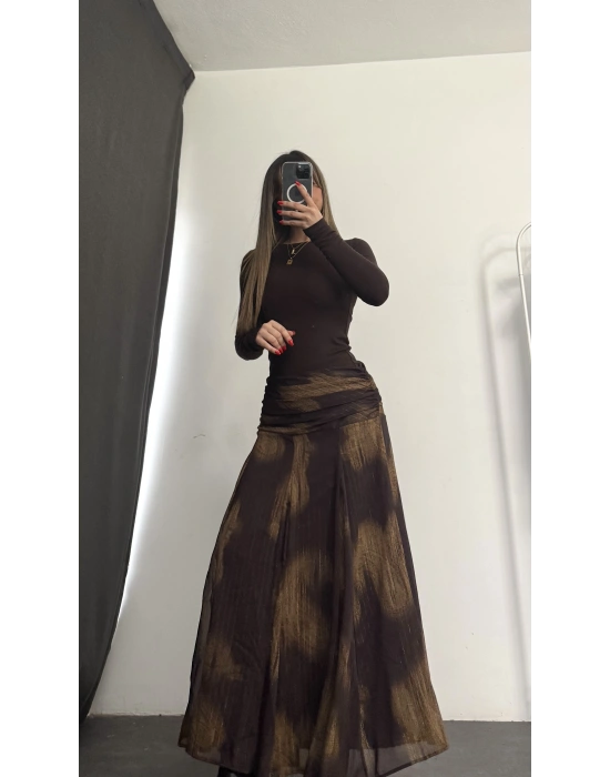 Gisela Desenli Şifon Etek - Kahve