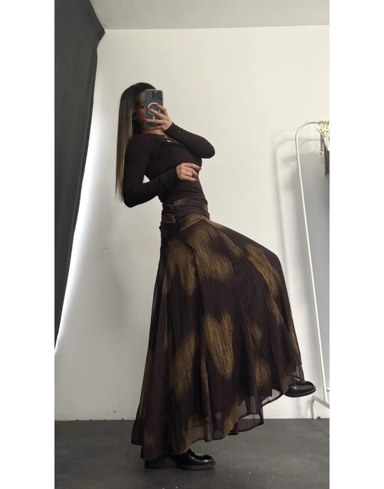 Gisela Desenli Şifon Etek - Kahve