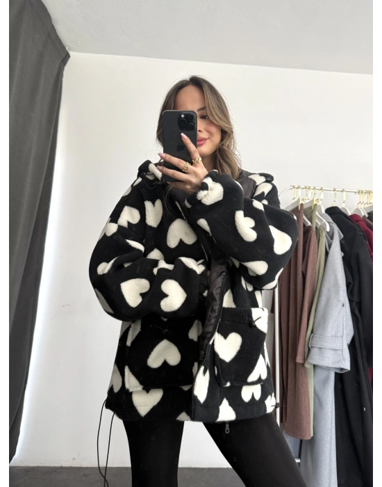 Heart Peluş Mont - Siyah