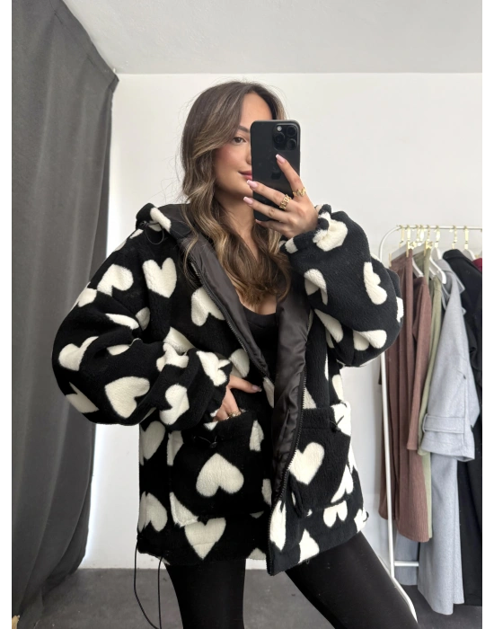 Heart Peluş Mont - Siyah