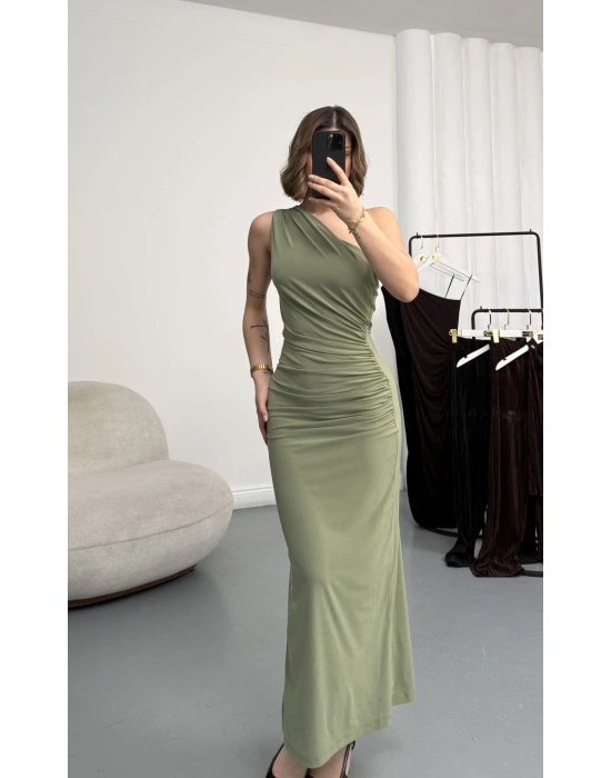 Hilda Tek Omuz Elbise - Haki