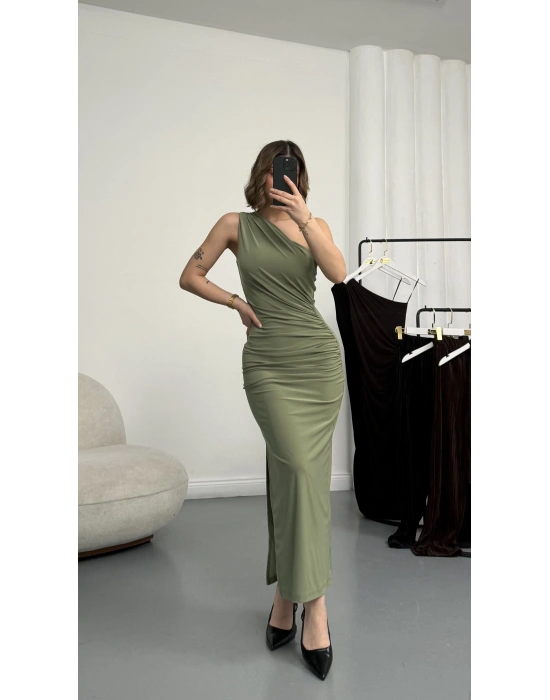 Hilda Tek Omuz Elbise - Haki