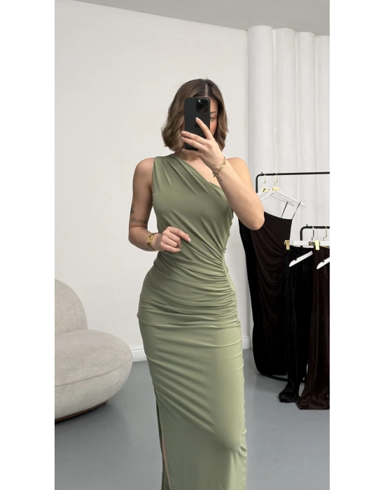 Hilda Tek Omuz Elbise - Haki