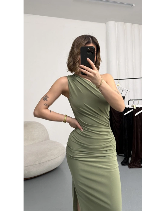 Hilda Tek Omuz Elbise - Haki