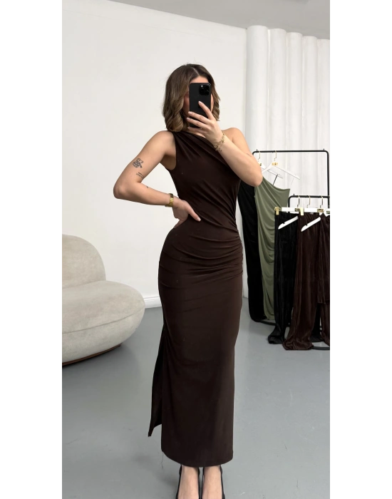 Hilda Tek Omuz Elbise - Kahve