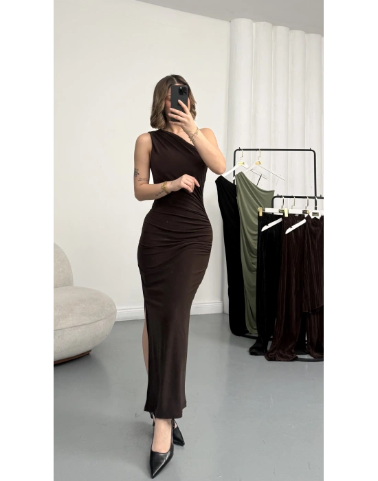 Hilda Tek Omuz Elbise - Kahve