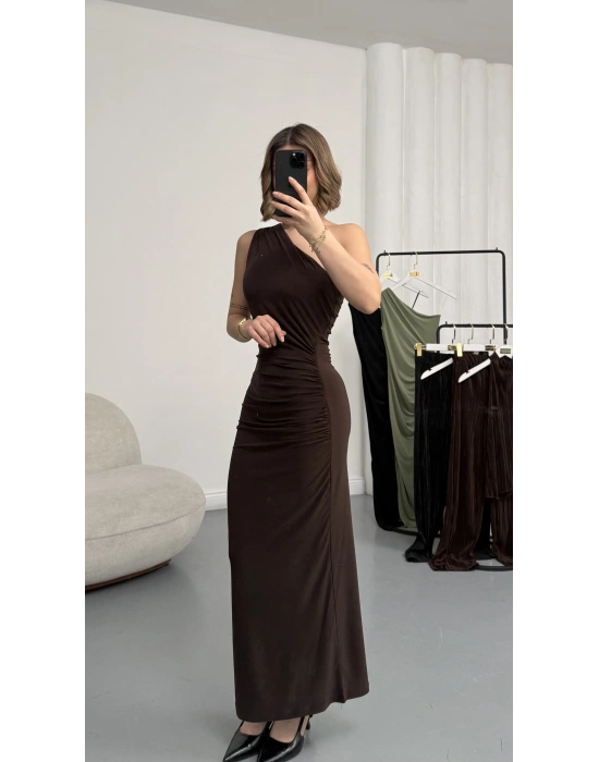 Hilda Tek Omuz Elbise - Kahve