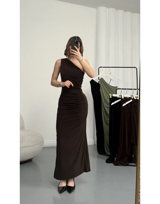 Hilda Tek Omuz Elbise - Kahve