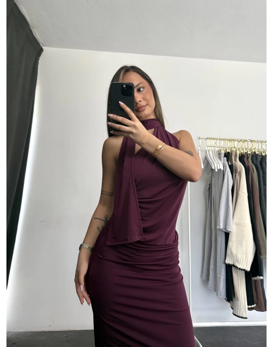 İndila Drapeli Elbise - Bordo