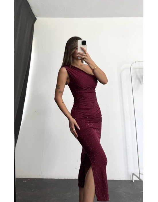 Jade Taşlı Elbise - Bordo