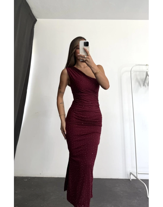 Jade Taşlı Elbise - Bordo