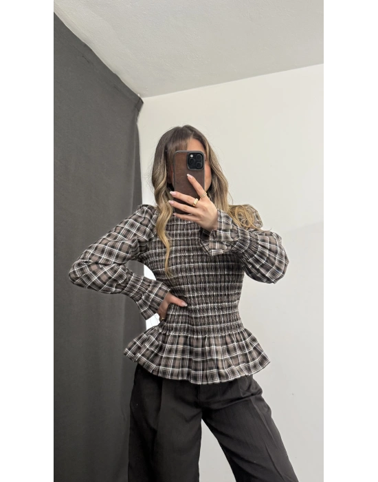 Jania Büzgülü Ekoseli Bluz - Bej