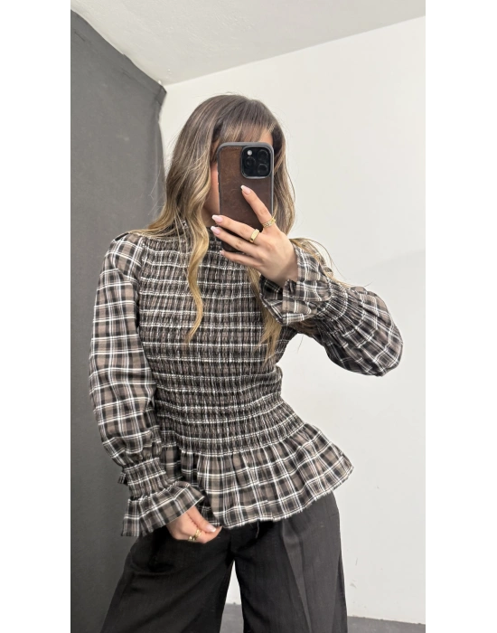 Jania Büzgülü Ekoseli Bluz - Bej