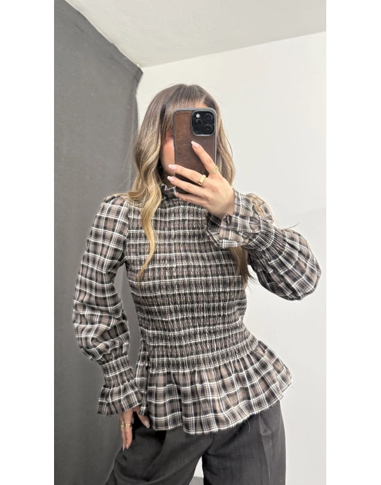 Jania Büzgülü Ekoseli Bluz - Bej
