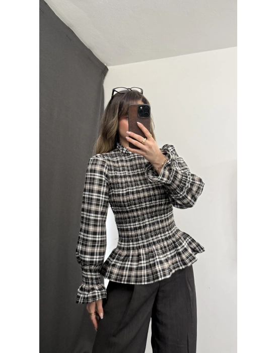 Jania Büzgülü Ekoseli Bluz - Kahve