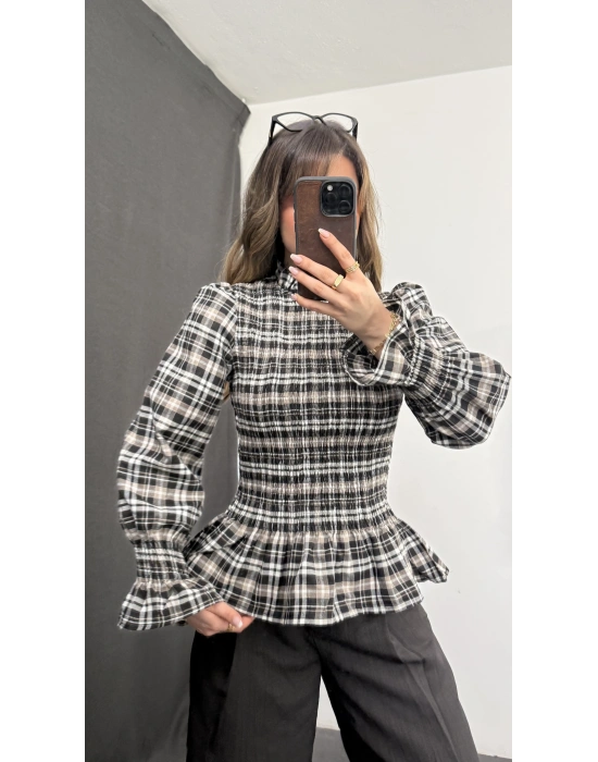 Jania Büzgülü Ekoseli Bluz - Kahve