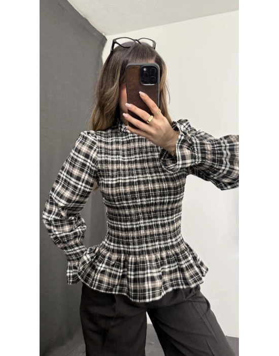 Jania Büzgülü Ekoseli Bluz - Kahve