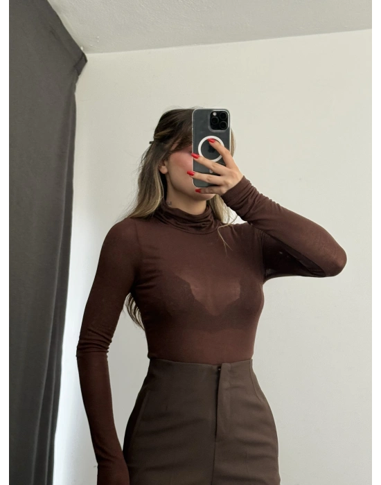 Jessi Balıkçı Yaka Transparan Bluz - Kahve