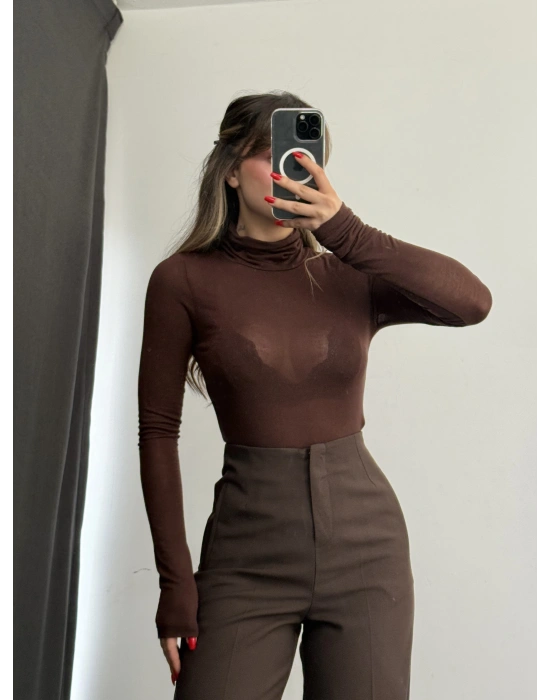 Jessi Balıkçı Yaka Transparan Bluz - Kahve