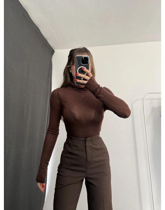 Jessi Balıkçı Yaka Transparan Bluz - Kahve