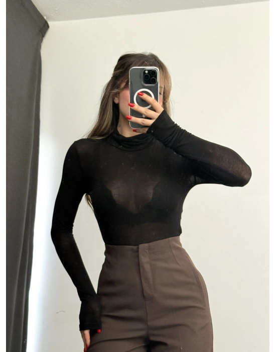 Jessi Balıkçı Yaka Transparan Bluz - Siyah