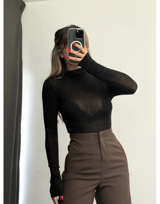 Jessi Balıkçı Yaka Transparan Bluz - Siyah