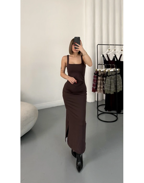 Josie Kare Yaka Elbise - Kahve