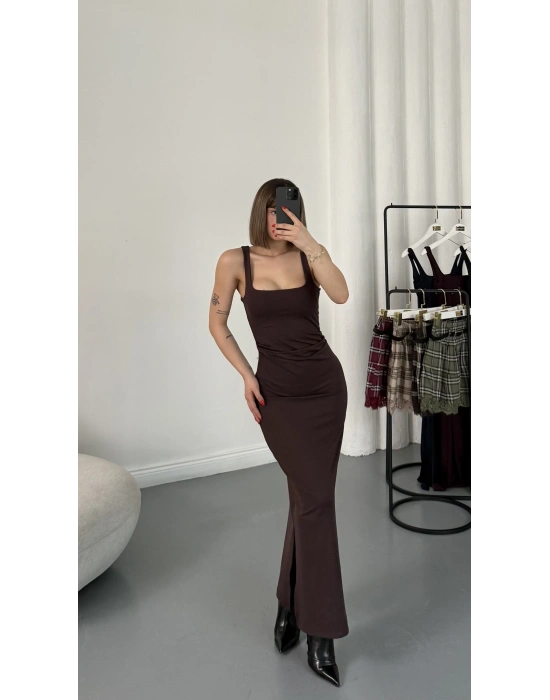 Josie Kare Yaka Elbise - Kahve