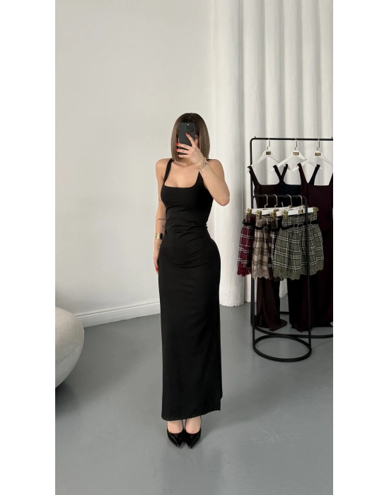 Josie Kare Yaka Elbise - Siyah