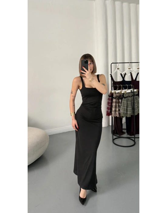 Josie Kare Yaka Elbise - Siyah