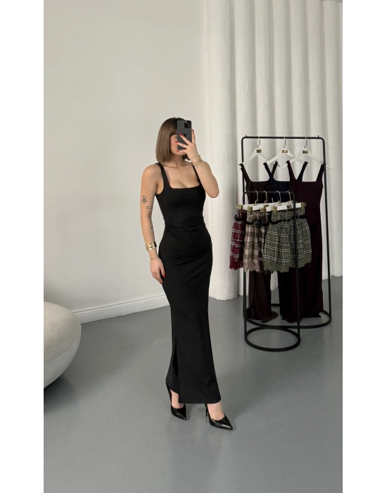 Josie Kare Yaka Elbise - Siyah