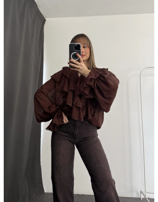 July Volanlı Bluz - Kahve