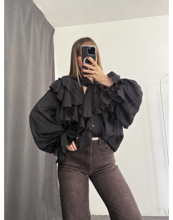 July Volanlı Bluz - Siyah
