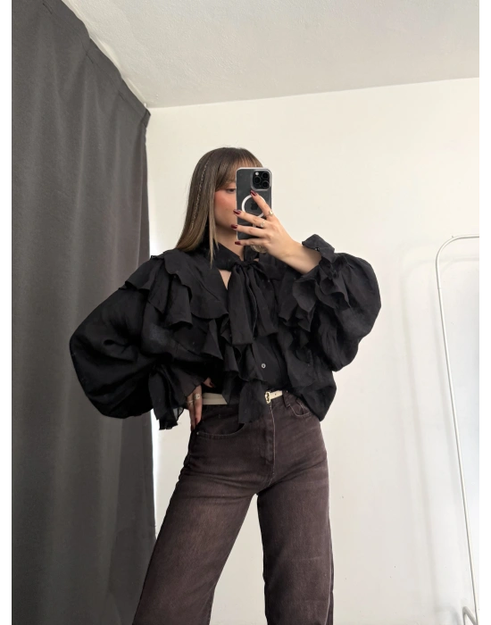 July Volanlı Bluz - Siyah