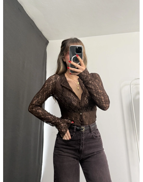 June Düğmeli Dantel Bluz - Kahve