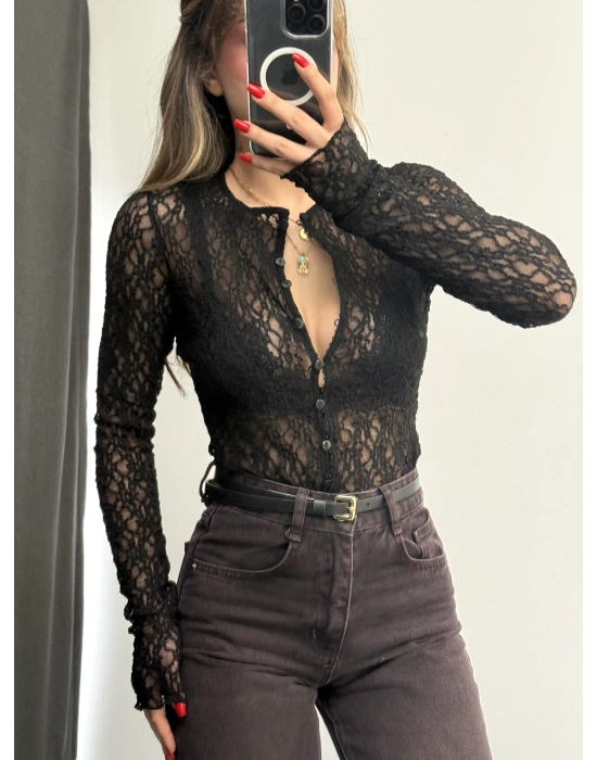 June Düğmeli Dantel Bluz - Siyah